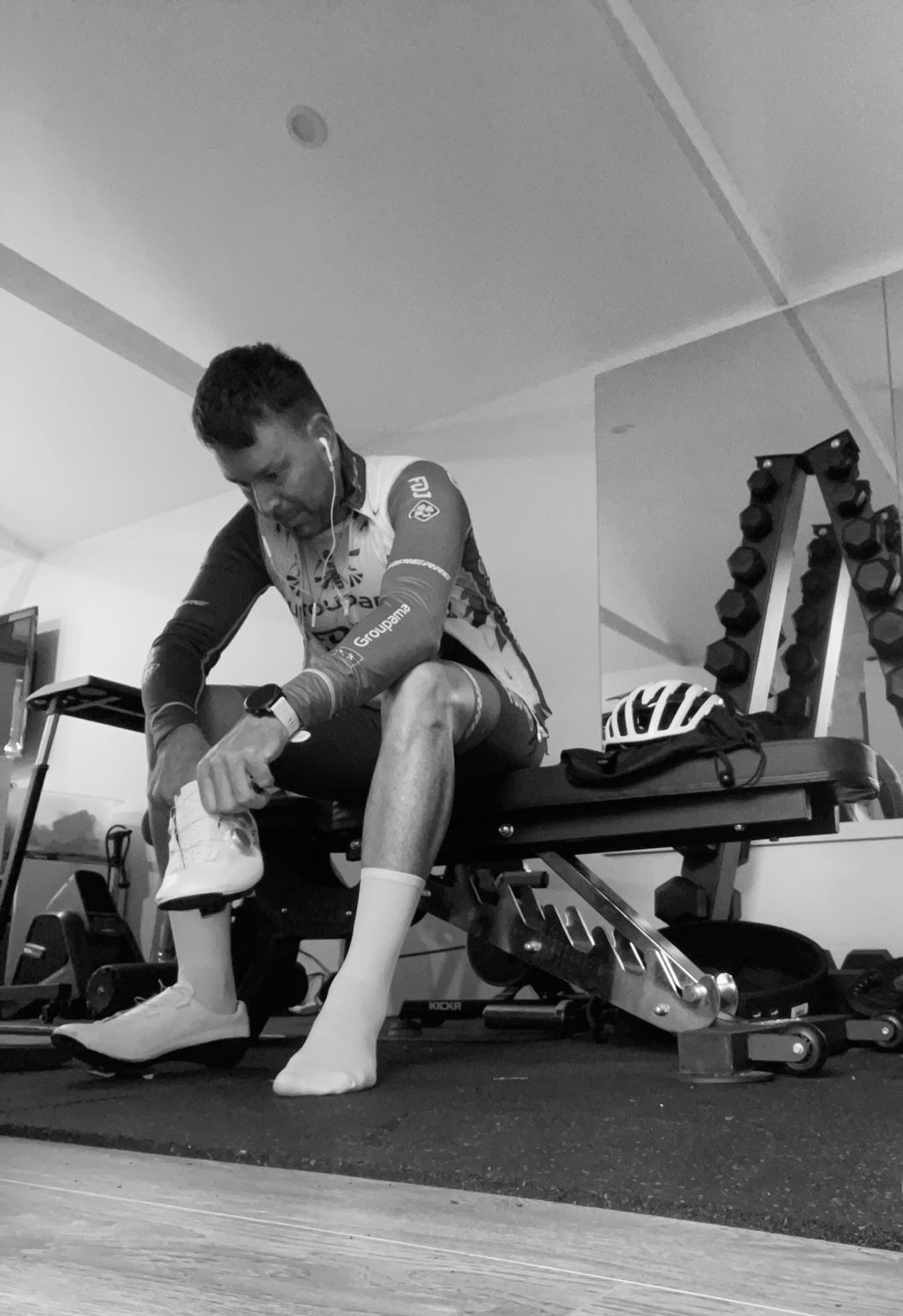 Phillipe sitting exhausted on the bench after training