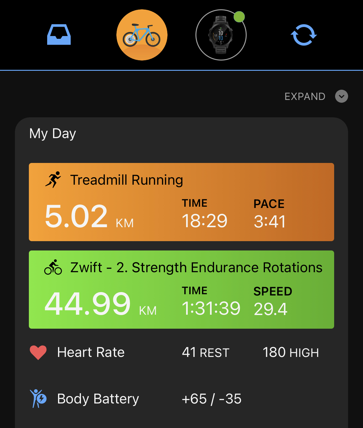 Garmin workout summary showing treadmill run and Zwift ride